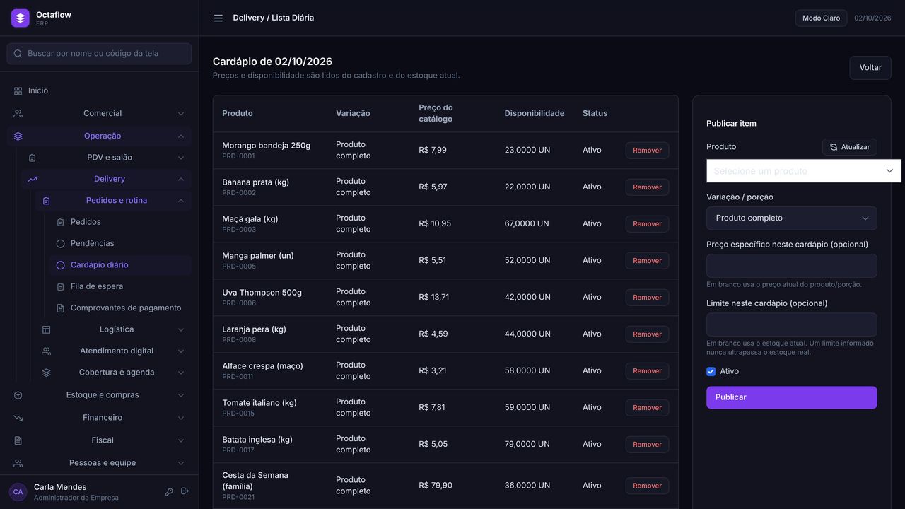 Tela do cardápio do dia com preço e quantidade disponível de cada oferta