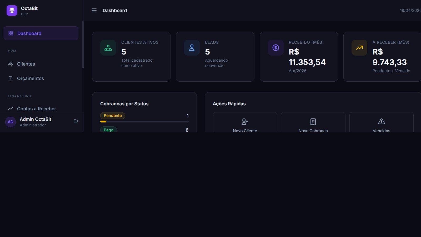 Painel OctaCRM — Dashboard de clientes